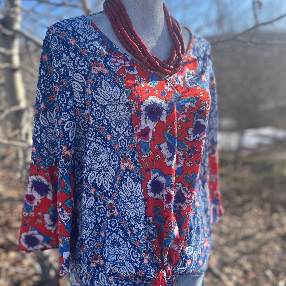FIG AND FLOWER BOHO BLOUSE SIZE LG blue and red stylish top